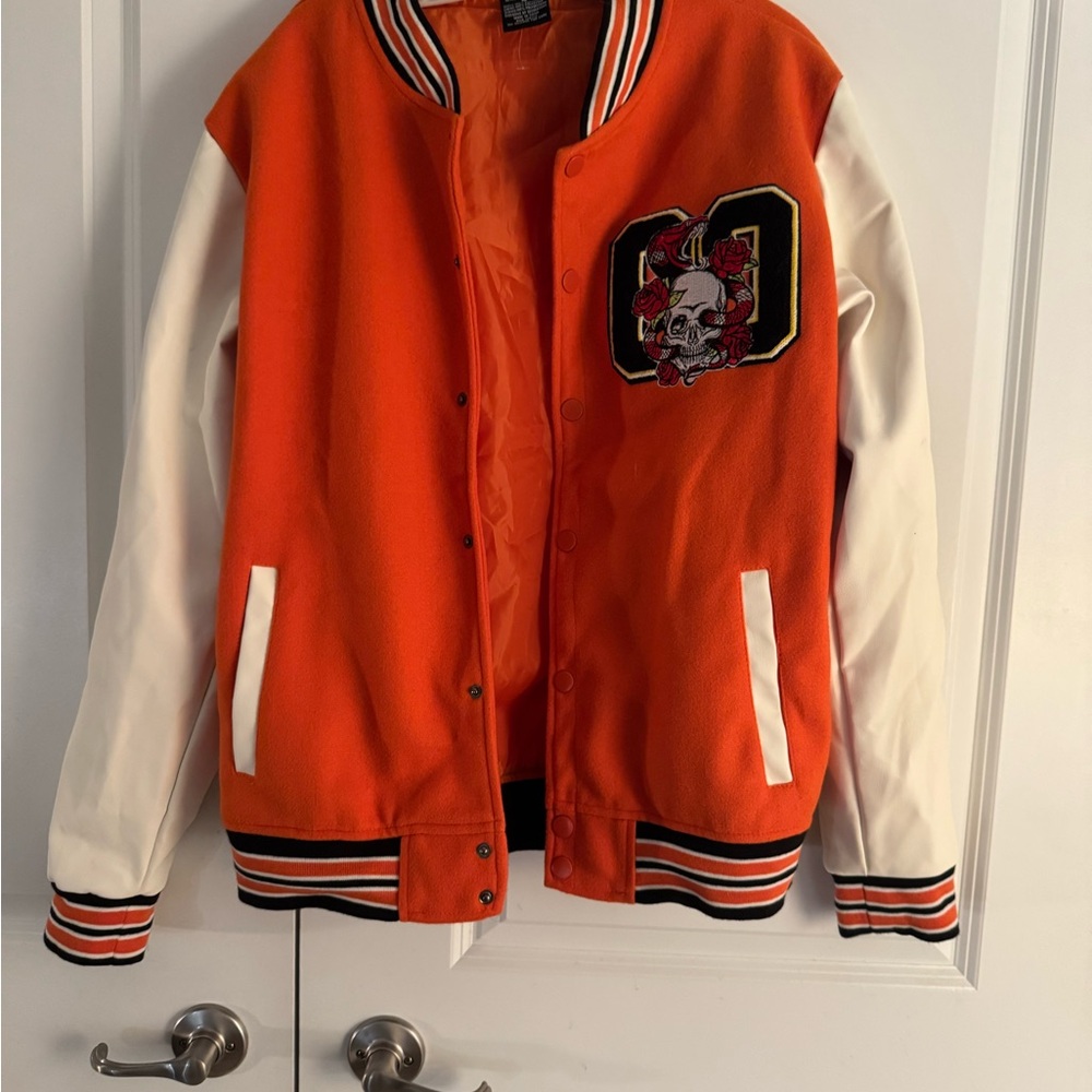 Men’s Ring of Fire Orange and White Varsity Jacket Size Medium